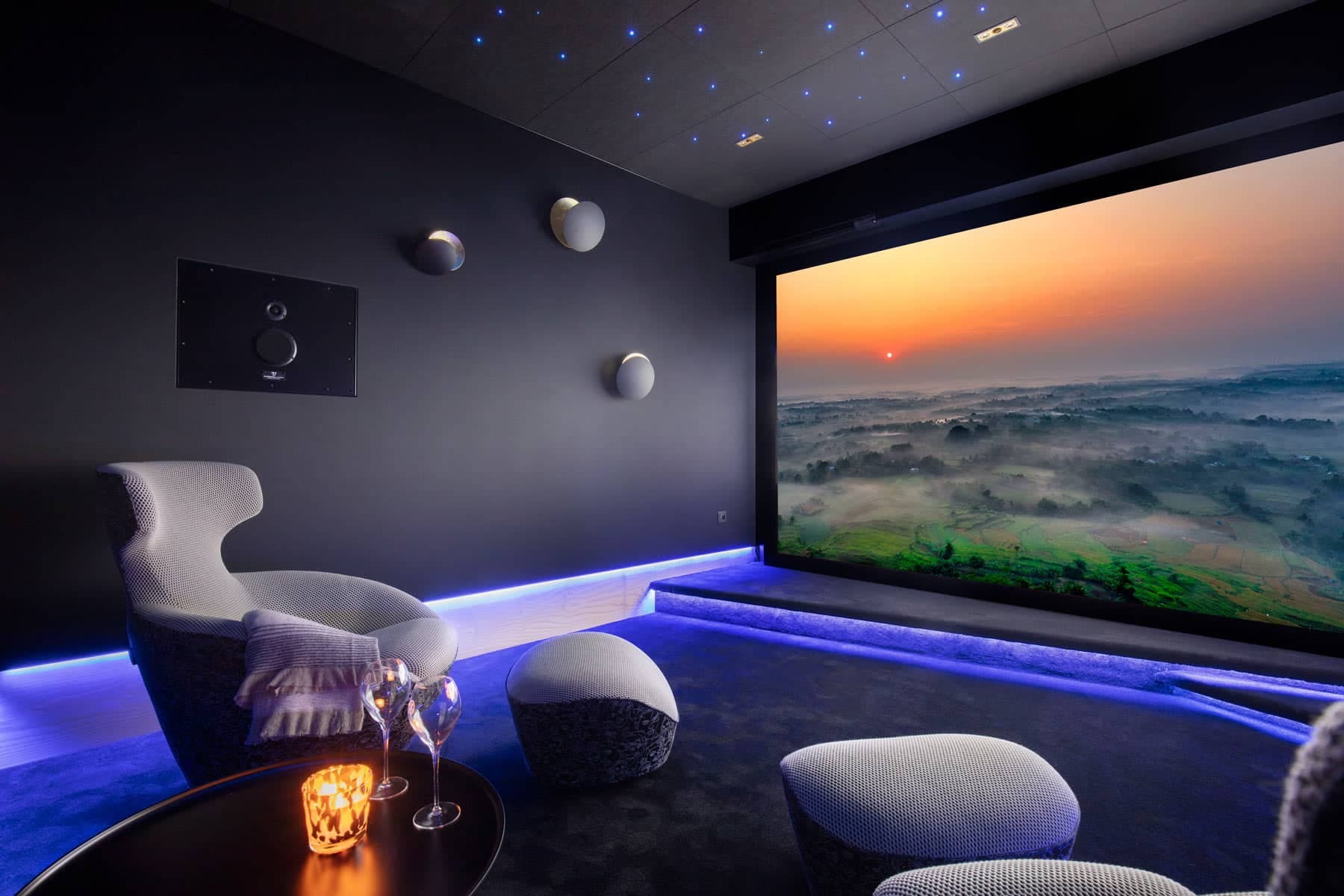 Waterfall Audio speakers integrated into a dedicated private cinema